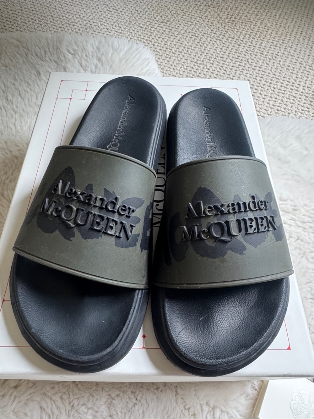 Authentic Alexander McQueen olive green and black slides